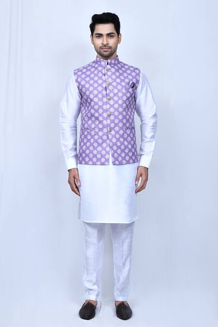 Shop_Arihant Rai Sinha_Purple Silk Embroidery, Sequins Floral Print Bundi And Kurta Set _Online_at_Aza_Fashions