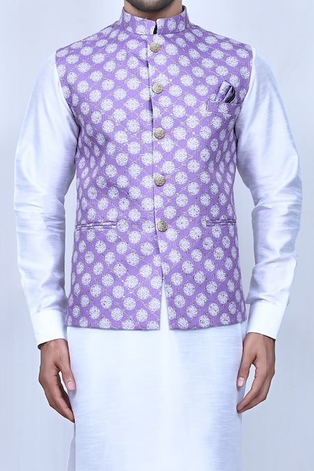 Arihant Rai Sinha Purple Silk Embroidery, Sequins Floral Print Bundi And Kurta Set at Aza Fashions Arihant Rai Sinha_Purple Silk Embroidery, Sequins Floral Print Bundi And Kurta Set _at_Aza_Fashions