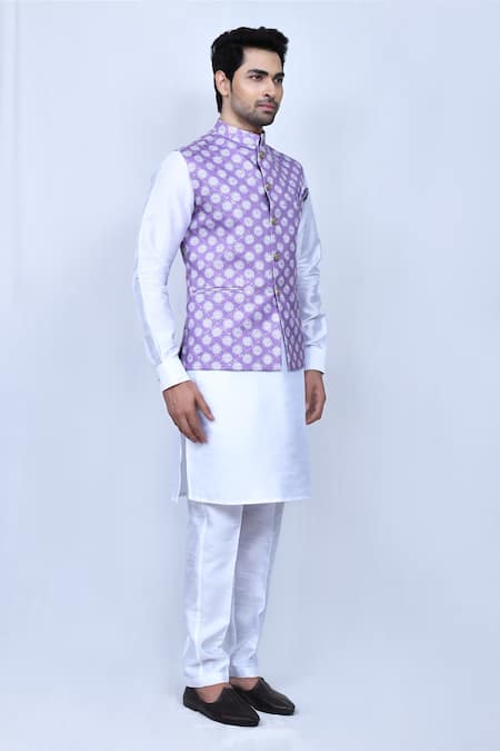 Buy_Arihant Rai Sinha_Purple Silk Embroidery, Sequins Floral Print Bundi And Kurta Set 
