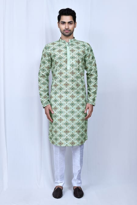 Shop_Arihant Rai Sinha_Green Cotton, Silk Moroccan Print Kurta Pant Set_Online_at_Aza_Fashions