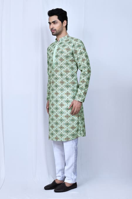 Arihant Rai Sinha_Green Cotton, Silk Moroccan Print Kurta Pant Set_at_Aza_Fashions