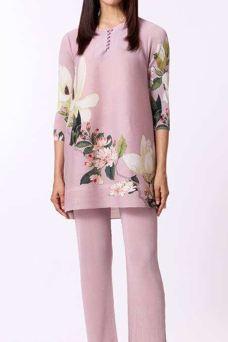 Shop_Scarlet Sage_Pink Polyester Round Neck Amina Floral Print Kurta And Pant Set_Online_at_Aza_Fashions