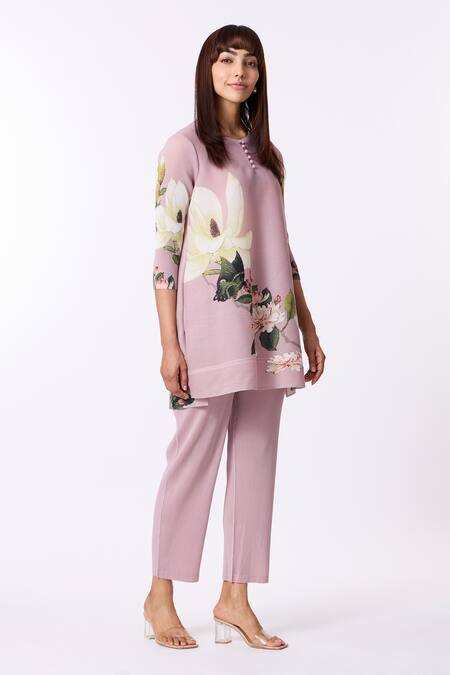 Scarlet Sage_Pink Polyester Round Neck Amina Floral Print Kurta And Pant Set_at_Aza_Fashions
