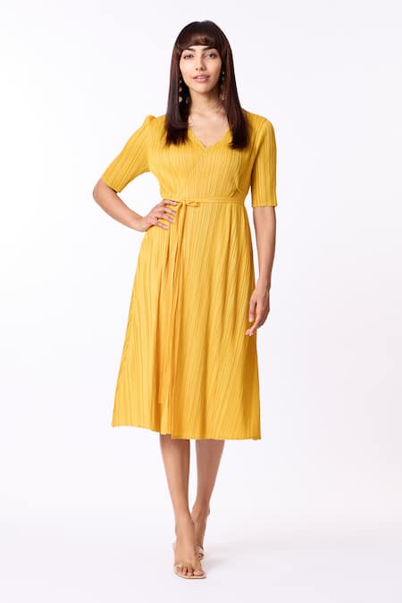 Scarlet Sage Yellow V Neck Isabella Overlay Crinkled Dress  