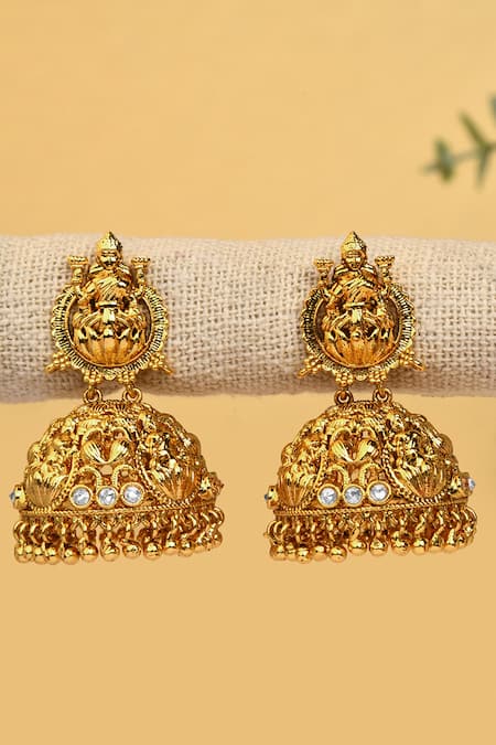 Ahaanya Gold Plated Embellished Floral Temple Jhumka Earrings