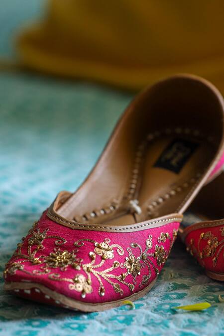 Stitched Soles_Fuchsia Flora Embroidered Juttis_Online_at_Aza_Fashions