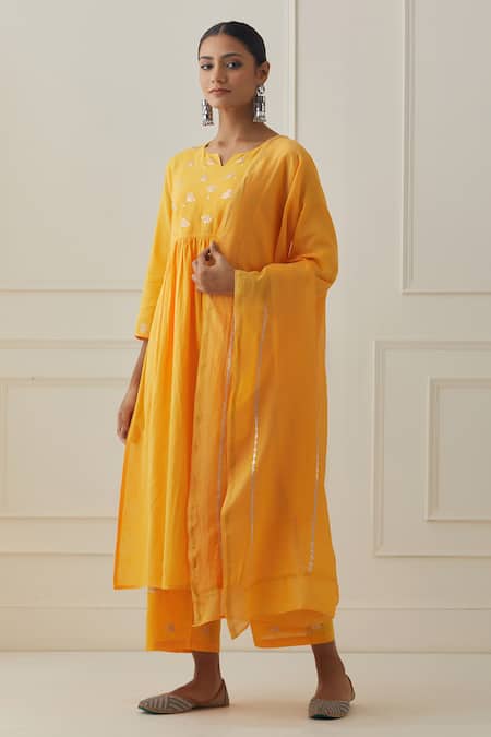 Kamaltaas Yellow Cotton Embroidery Split V-neck Yoke Kurta And Pant Set Online at Aza Fashions Kamaltaas_Yellow Cotton Embroidery Split V-neck Yoke Kurta And Pant Set _Online_at_Aza_Fashions