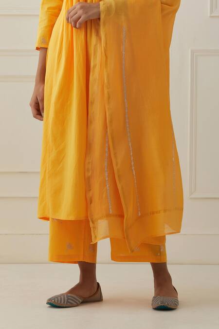 Buy Kamaltaas Yellow Cotton Embroidery Split V-neck Yoke Kurta And Pant Set Online at Aza Fashions Buy_Kamaltaas_Yellow Cotton Embroidery Split V-neck Yoke Kurta And Pant Set _Online_at_Aza_Fashions