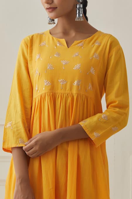 Shop Kamaltaas Yellow Cotton Embroidery Split V-neck Yoke Kurta And Pant Set Online at Aza Fashions Shop_Kamaltaas_Yellow Cotton Embroidery Split V-neck Yoke Kurta And Pant Set _Online_at_Aza_Fashions
