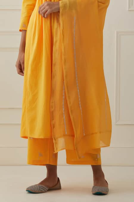 Kamaltaas Yellow Cotton Embroidery Split V-neck Yoke Kurta Pant Set Online at Aza Fashions Kamaltaas_Yellow Cotton Embroidery Split V-neck Yoke Kurta Pant Set _Online_at_Aza_Fashions