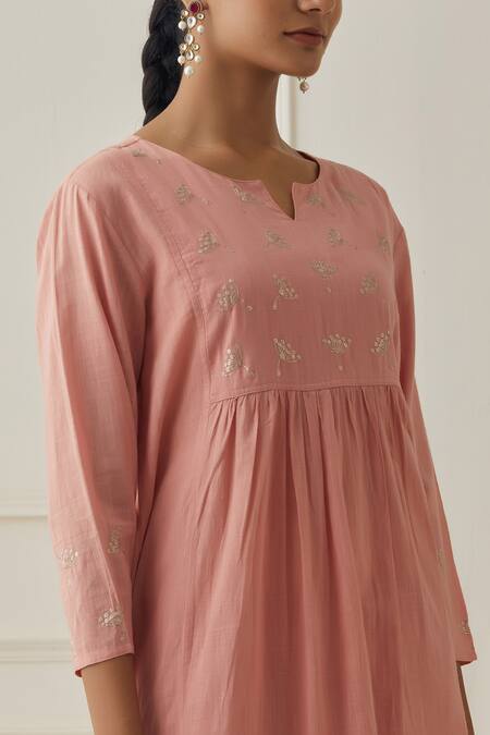 Kamaltaas_Peach Cotton Embroidery, Piping Split V-neck Sleeve Kurta And Pant Set _Online_at_Aza_Fashions