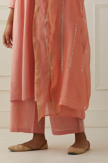 Kamaltaas Peach Cotton Embroidery Split V-neck Sleeve Kurta Pant Set Online at Aza Fashions Kamaltaas_Peach Cotton Embroidery Split V-neck Sleeve Kurta Pant Set _Online_at_Aza_Fashions