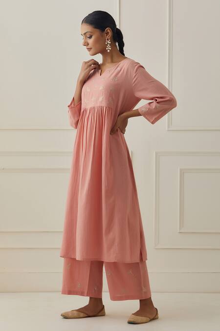Kamaltaas Peach Cotton Embroidery Split V-neck Sleeve Kurta Pant Set at Aza Fashions Kamaltaas_Peach Cotton Embroidery Split V-neck Sleeve Kurta Pant Set _at_Aza_Fashions