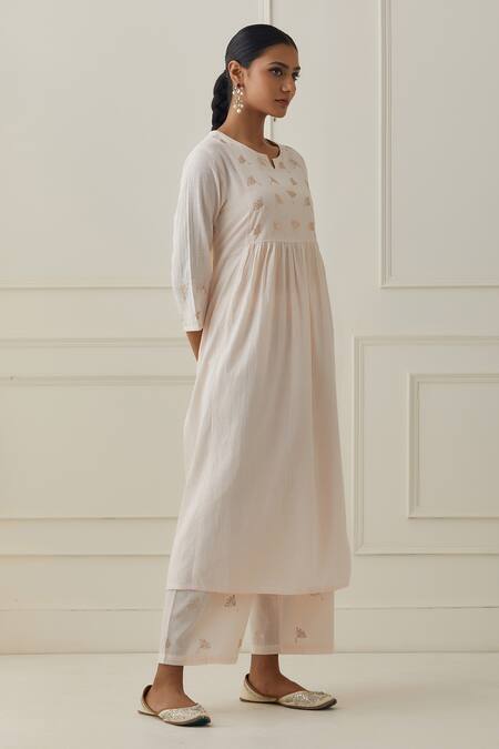 Buy_Kamaltaas_Pink Cotton Embroidery, Piping Split V-neck Slub Kurta And Pant Set _Online_at_Aza_Fashions