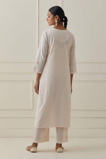 Shop_Kamaltaas_Pink Cotton Embroidery Collared Slub Kurta Pant Set _at_Aza_Fashions