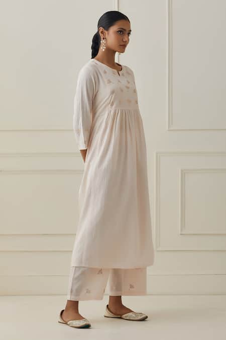 Shop_Kamaltaas_Pink Cotton Embroidery Collared Slub Kurta Pant Set _Online_at_Aza_Fashions