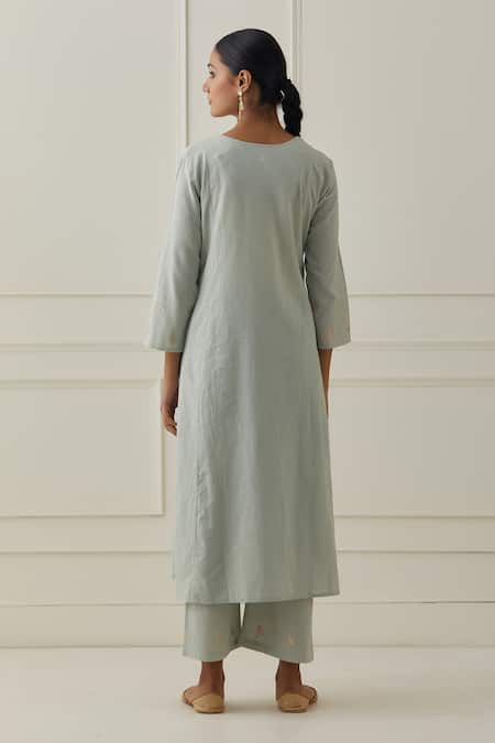 Shop Kamaltaas Green Cotton Embroidery Split V-neck Yoke Hand Kurta And Pant Set at Aza Fashions Shop_Kamaltaas_Green Cotton Embroidery Split V-neck Yoke Hand Kurta And Pant Set _at_Aza_Fashions