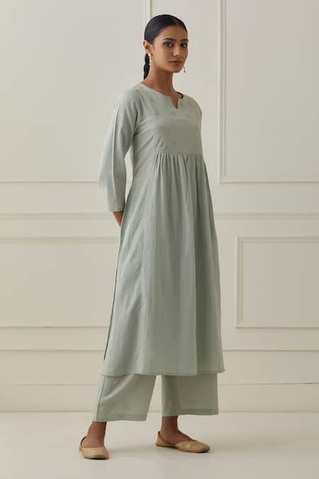 Buy Kamaltaas Green Cotton Embroidery Split V-neck Yoke Hand Kurta And Pant Set Online at Aza Fashions Buy_Kamaltaas_Green Cotton Embroidery Split V-neck Yoke Hand Kurta And Pant Set _Online_at_Aza_Fashions