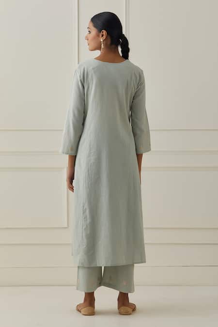 Shop Kamaltaas Green Cotton, Chiffon Embroidery Split V-neck Yoke Hand Kurta Pant Set at Aza Fashions Shop_Kamaltaas_Green Cotton, Chiffon Embroidery Split V-neck Yoke Hand Kurta Pant Set _at_Aza_Fashions