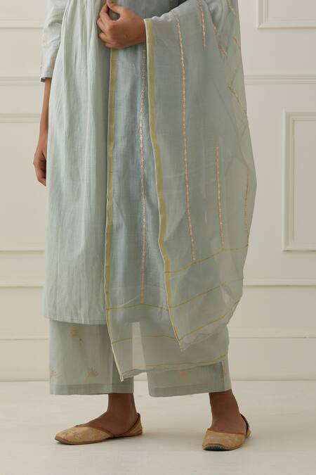 Kamaltaas Green Cotton, Chiffon Embroidery Split V-neck Yoke Hand Kurta Pant Set Online at Aza Fashions Kamaltaas_Green Cotton, Chiffon Embroidery Split V-neck Yoke Hand Kurta Pant Set _Online_at_Aza_Fashions