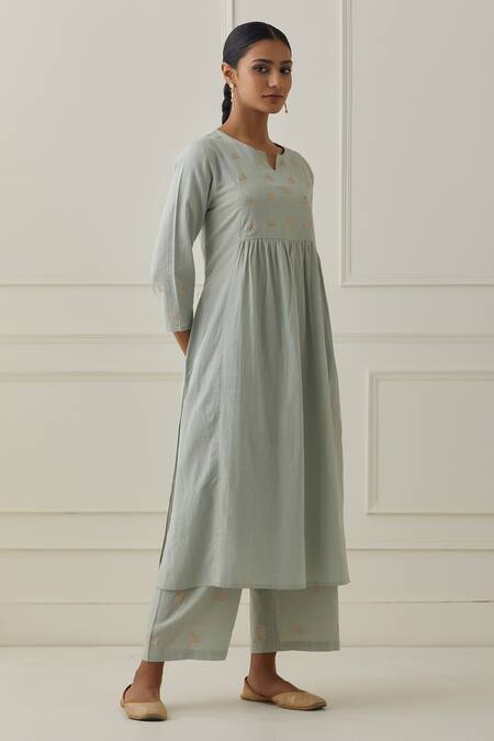 Shop Kamaltaas Green Cotton, Chiffon Embroidery Split V-neck Yoke Hand Kurta Pant Set Online at Aza Fashions Shop_Kamaltaas_Green Cotton, Chiffon Embroidery Split V-neck Yoke Hand Kurta Pant Set _Online_at_Aza_Fashions