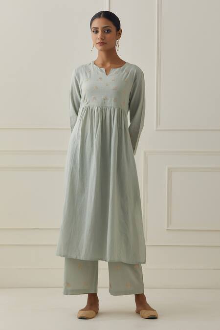 Kamaltaas Green Cotton, Chiffon Embroidery Split V-neck Yoke Hand Kurta Pant Set at Aza Fashions Kamaltaas_Green Cotton, Chiffon Embroidery Split V-neck Yoke Hand Kurta Pant Set _at_Aza_Fashions