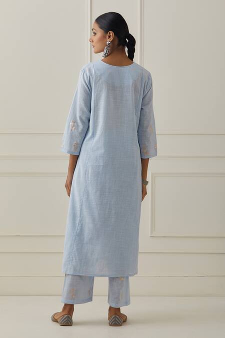 Shop Kamaltaas Blue Cotton Embroidery Split V-neck Sleeve Hand Kurta And Pant Set at Aza Fashions Shop_Kamaltaas_Blue Cotton Embroidery Split V-neck Sleeve Hand Kurta And Pant Set_at_Aza_Fashions