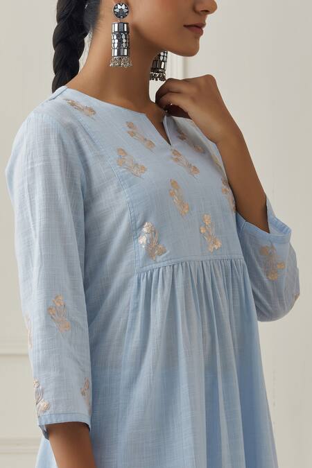 Kamaltaas Blue Cotton Embroidery Split V-neck Sleeve Hand Kurta And Pant Set Online at Aza Fashions Kamaltaas_Blue Cotton Embroidery Split V-neck Sleeve Hand Kurta And Pant Set_Online_at_Aza_Fashions