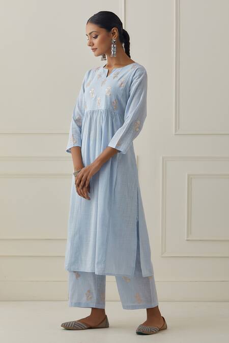 Buy Kamaltaas Blue Cotton Embroidery Split V-neck Sleeve Hand Kurta And Pant Set Online at Aza Fashions Buy_Kamaltaas_Blue Cotton Embroidery Split V-neck Sleeve Hand Kurta And Pant Set_Online_at_Aza_Fashions