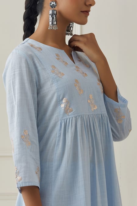 Kamaltaas_Blue Cotton Embroidery Split V-neck Sleeve Hand Kurta Pant Set_Online_at_Aza_Fashions