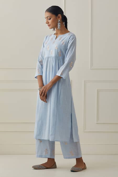 Buy_Kamaltaas_Blue Cotton Embroidery Split V-neck Sleeve Hand Kurta Pant Set_Online_at_Aza_Fashions
