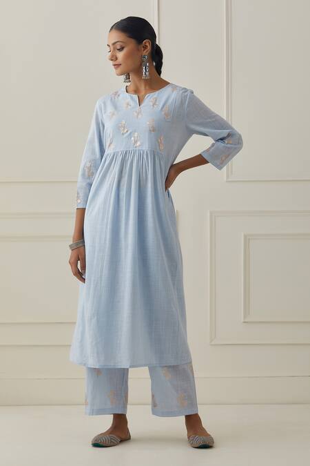 Kamaltaas_Blue Cotton Embroidery Split V-neck Sleeve Hand Kurta Pant Set_at_Aza_Fashions