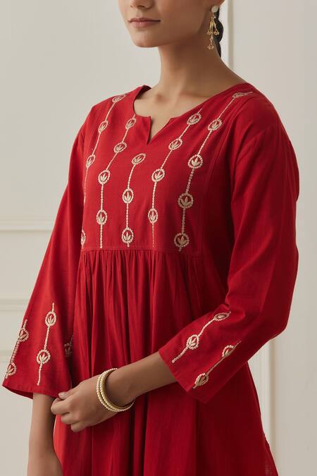 Kamaltaas Red Cotton Embroidery, Piping Split V-neck Yoke And Sleeve Kurta Set Online at Aza Fashions Kamaltaas_Red Cotton Embroidery, Piping Split V-neck Yoke And Sleeve Kurta Set _Online_at_Aza_Fashions