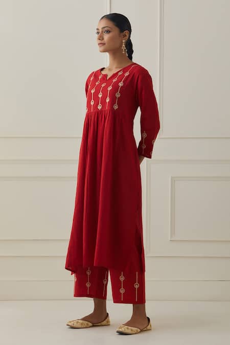 Shop Kamaltaas Red Cotton Embroidery, Piping Split V-neck Yoke And Sleeve Kurta Set Online at Aza Fashions Shop_Kamaltaas_Red Cotton Embroidery, Piping Split V-neck Yoke And Sleeve Kurta Set _Online_at_Aza_Fashions