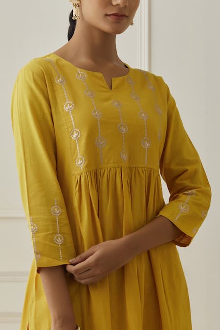 Kamaltaas_Yellow Cotton Embroidery Split V-neck Yoke And Sleeve Work Kurta Set _Online_at_Aza_Fashions