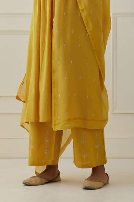 Shop_Kamaltaas_Yellow Cotton Embroidery Split V-neck Yoke And Sleeve Work Kurta Set _Online_at_Aza_Fashions