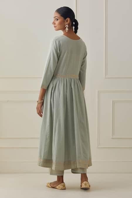 Shop Kamaltaas Green Cotton Embroidery Split V-neck Anarkali And Pant Set at Aza Fashions Shop_Kamaltaas_Green Cotton Embroidery Split V-neck Anarkali And Pant Set _at_Aza_Fashions