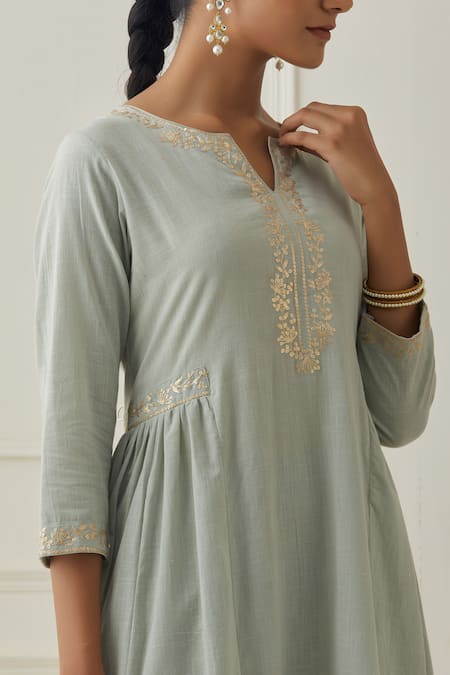 Kamaltaas Green Cotton Embroidery Split V-neck Anarkali And Pant Set Online at Aza Fashions Kamaltaas_Green Cotton Embroidery Split V-neck Anarkali And Pant Set _Online_at_Aza_Fashions