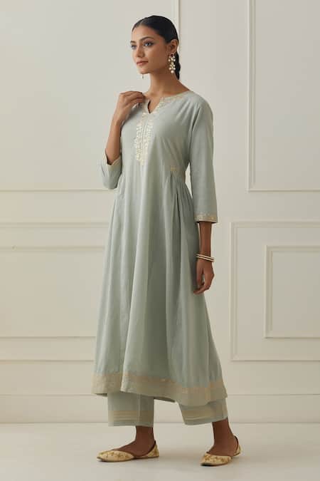 Shop Kamaltaas Green Cotton Embroidery Split V-neck Anarkali And Pant Set Online at Aza Fashions Shop_Kamaltaas_Green Cotton Embroidery Split V-neck Anarkali And Pant Set _Online_at_Aza_Fashions