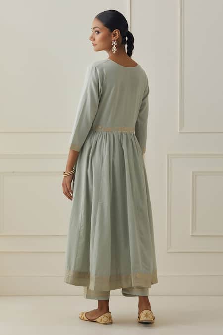 Shop Kamaltaas Green Cotton Embroidery Split V-neck Anarkali Pant Set at Aza Fashions Shop_Kamaltaas_Green Cotton Embroidery Split V-neck Anarkali Pant Set _at_Aza_Fashions