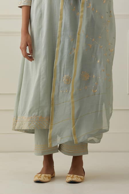 Kamaltaas Green Cotton Embroidery Split V-neck Anarkali Pant Set Online at Aza Fashions Kamaltaas_Green Cotton Embroidery Split V-neck Anarkali Pant Set _Online_at_Aza_Fashions