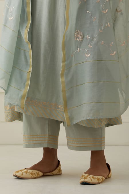 Shop Kamaltaas Green Cotton Embroidery Split V-neck Anarkali Pant Set Online at Aza Fashions Shop_Kamaltaas_Green Cotton Embroidery Split V-neck Anarkali Pant Set _Online_at_Aza_Fashions