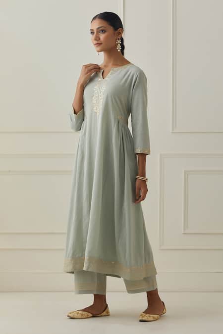 Kamaltaas Green Cotton Embroidery Split V-neck Anarkali Pant Set at Aza Fashions Kamaltaas_Green Cotton Embroidery Split V-neck Anarkali Pant Set _at_Aza_Fashions