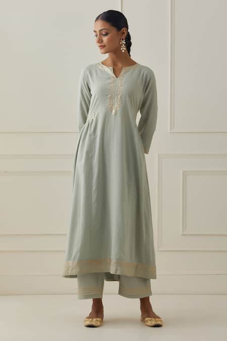 Buy Kamaltaas Green Cotton Embroidery Split V-neck Anarkali Pant Set Buy_Kamaltaas_Green Cotton Embroidery Split V-neck Anarkali Pant Set