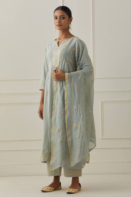 Shop Kamaltaas Green Cotton Embroidery Split V-neck Anarkali Pant Set Shop_Kamaltaas_Green Cotton Embroidery Split V-neck Anarkali Pant Set