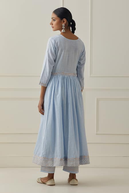 Shop Kamaltaas Blue Cotton Embroidery Split V-neck Placket Anarkali And Pant Set at Aza Fashions Shop_Kamaltaas_Blue Cotton Embroidery Split V-neck Placket Anarkali And Pant Set _at_Aza_Fashions