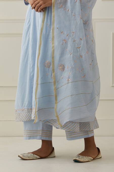 Kamaltaas Blue Cotton Embroidery Split V-neck Placket Anarkali And Pant Set Online at Aza Fashions Kamaltaas_Blue Cotton Embroidery Split V-neck Placket Anarkali And Pant Set _Online_at_Aza_Fashions