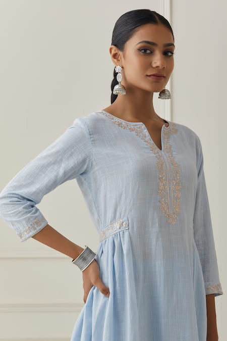Buy Kamaltaas Blue Cotton Embroidery Split V-neck Placket Anarkali And Pant Set Online at Aza Fashions Buy_Kamaltaas_Blue Cotton Embroidery Split V-neck Placket Anarkali And Pant Set _Online_at_Aza_Fashions