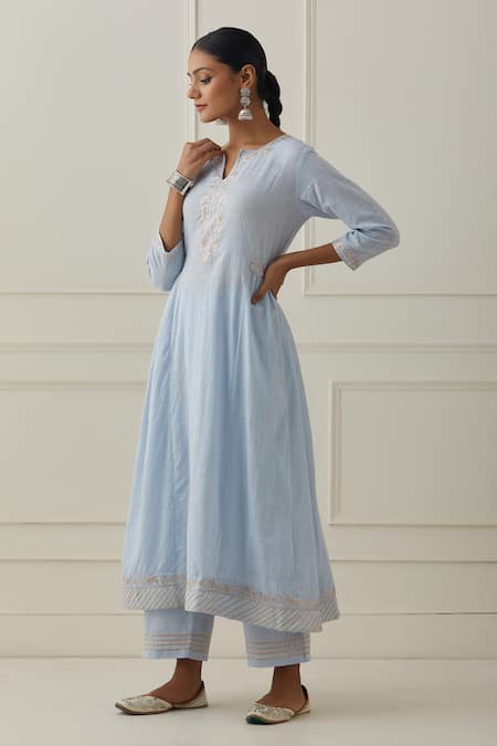 Shop Kamaltaas Blue Cotton Embroidery Split V-neck Placket Anarkali And Pant Set Online at Aza Fashions Shop_Kamaltaas_Blue Cotton Embroidery Split V-neck Placket Anarkali And Pant Set _Online_at_Aza_Fashions