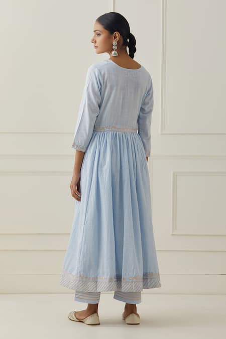 Shop Kamaltaas Blue Cotton Embroidery Placket Anarkali Pant Set at Aza Fashions Shop_Kamaltaas_Blue Cotton Embroidery Placket Anarkali Pant Set _at_Aza_Fashions